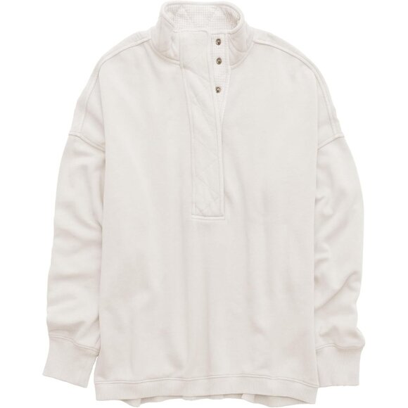 Women's White Oversized Casual Long Sleeve Button Henley Neck Pullover Sweatshir - Picture 5 of 6